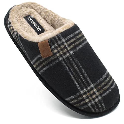 COFACE Mens Black Flano Plaid Cozy Memory Foam scuff Slippers Slip On Warm House Shoes Indoor/Outdoor With Best Arch Surpport Size 8