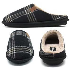 COFACE Mens Black Flano Plaid Cozy Memory Foam scuff Slippers Slip On Warm House Shoes Indoor/Outdoor With Best Arch Surpport Size 8