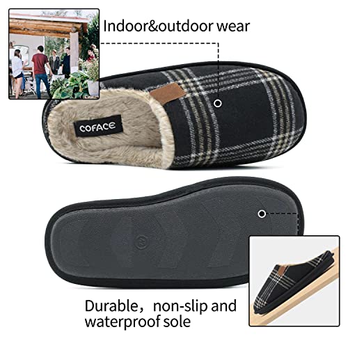 COFACE Mens Black Flano Plaid Cozy Memory Foam scuff Slippers Slip On Warm House Shoes Indoor/Outdoor With Best Arch Surpport Size 8