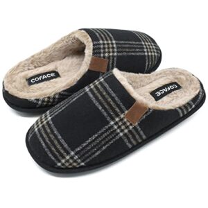 COFACE Mens Black Flano Plaid Cozy Memory Foam scuff Slippers Slip On Warm House Shoes Indoor/Outdoor With Best Arch Surpport Size 8