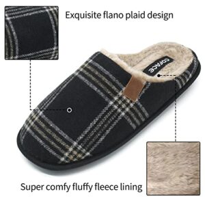 COFACE Mens Black Flano Plaid Cozy Memory Foam scuff Slippers Slip On Warm House Shoes Indoor/Outdoor With Best Arch Surpport Size 8