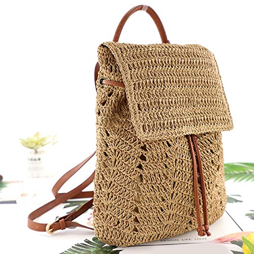 Kennedy Handwoven Flap Drawstring Straw Backpack Beach Backpack Purse for Women, Brown