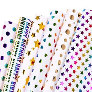 gift wrapping paper birthday, 6 sheets metallic foil wrapping paper set colorful gold heart dots star happy birthday wrapping paper for women men, gift wrapping paper for any occasions, 27x19 inches
