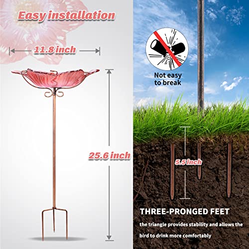 MUMTOP Bird Baths for Outdoors Glass Bird Bath Bowl Outdoor Bird Feeder Flower Pattern with Metal Stake for Garden, Yard and Lawn Decor (Red)