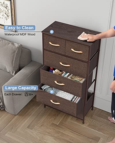 Crestlive Products Vertical Dresser Storage Tower - Sturdy Steel Frame, Wood Top, Easy Pull Fabric Bins, Wood Handles - Organizer Unit for Bedroom, Hallway, Entryway, Closets - 6 Drawers (Brown)