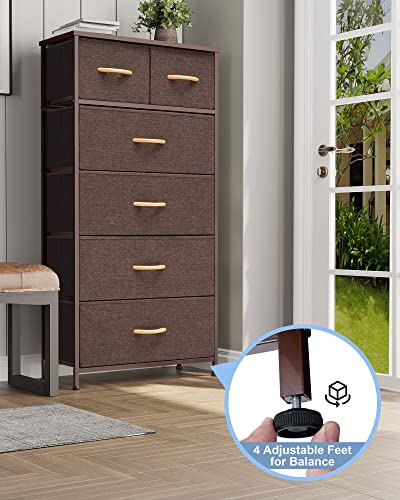 Crestlive Products Vertical Dresser Storage Tower - Sturdy Steel Frame, Wood Top, Easy Pull Fabric Bins, Wood Handles - Organizer Unit for Bedroom, Hallway, Entryway, Closets - 6 Drawers (Brown)