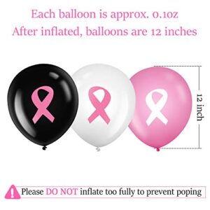 75 Pieces Breast Cancer Awareness Balloons 12 Inch Pink Ribbon Latex Balloons Round Party Balloons Party Supplies for Party Decoration, Pink, White and Black