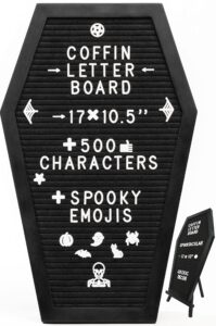 coffin letter board black with spooky emojis +500 characters, and wooden stand - 17x10.5 inches - gothic halloween decor spooky gifts decorations