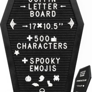 Coffin Letter Board Black With Spooky Emojis +500 Characters, and Wooden Stand - 17x10.5 Inches - Gothic Halloween Decor Spooky Gifts Decorations