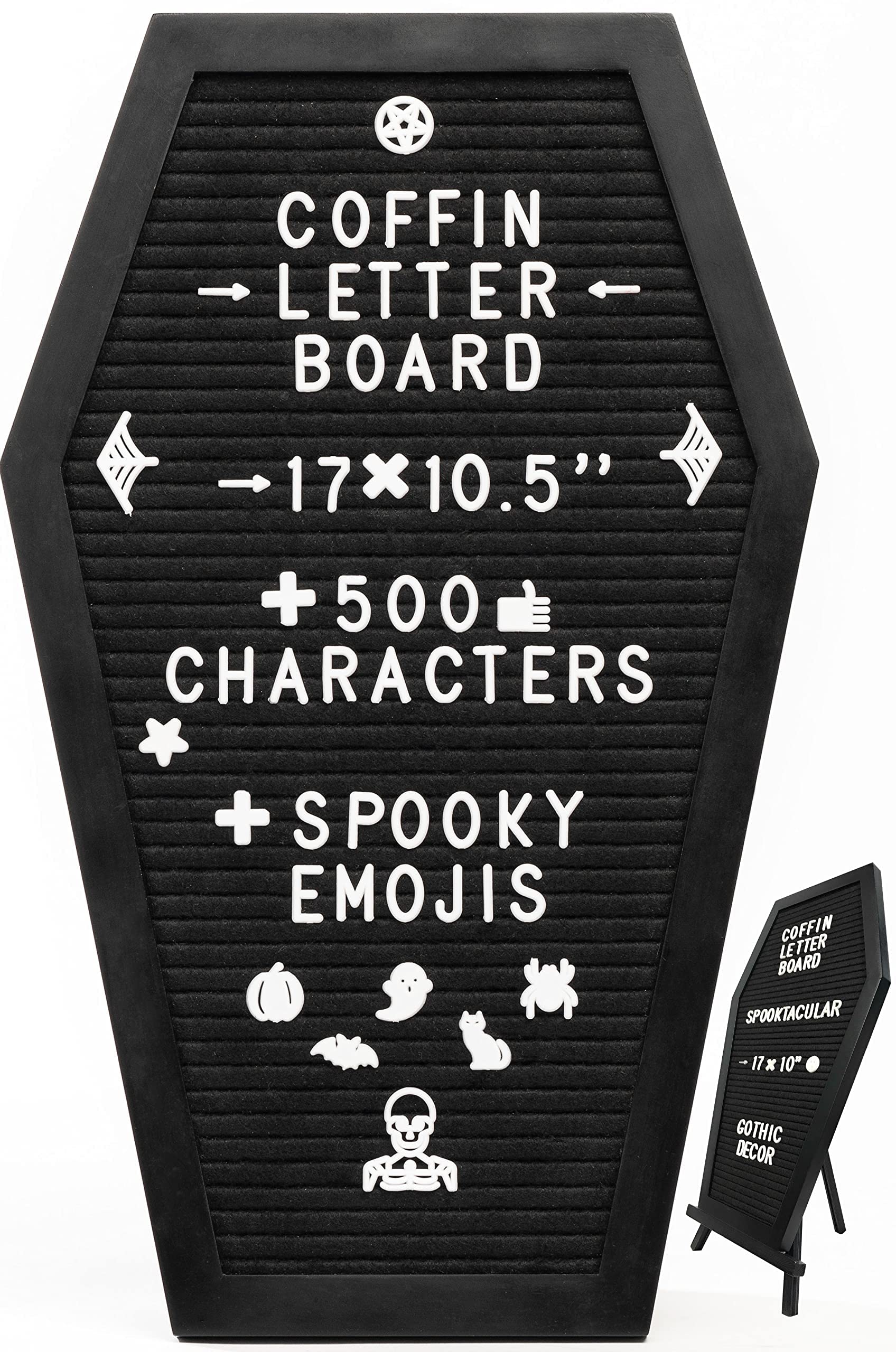 Coffin Letter Board Black With Spooky Emojis +500 Characters, and Wooden Stand - 17x10.5 Inches - Gothic Halloween Decor Spooky Gifts Decorations