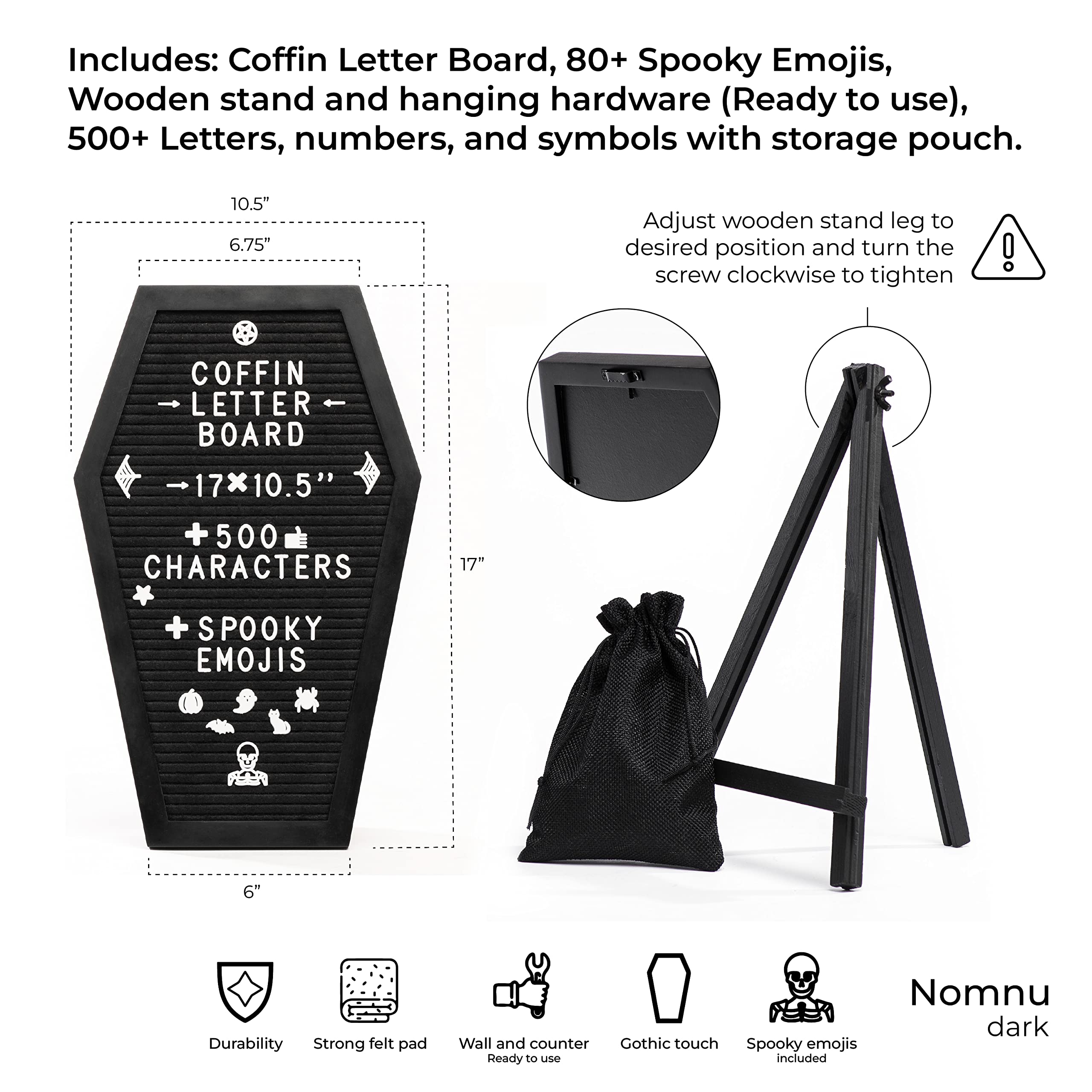 Coffin Letter Board Black With Spooky Emojis +500 Characters, and Wooden Stand - 17x10.5 Inches - Gothic Halloween Decor Spooky Gifts Decorations