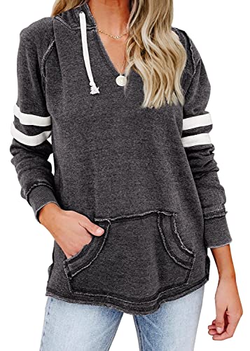 Fashare Womens V Neck Hoodies with Pockets Long Sleeve Striped Pullover Tops Sweatshirt Dark Gray