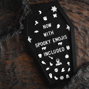 Coffin Letter Board Black With Spooky Emojis +500 Characters, and Wooden Stand - 17x10.5 Inches - Gothic Halloween Decor Spooky Gifts Decorations