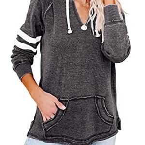 Fashare Womens V Neck Hoodies with Pockets Long Sleeve Striped Pullover Tops Sweatshirt Dark Gray