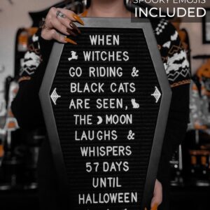 Coffin Letter Board Black With Spooky Emojis +500 Characters, and Wooden Stand - 17x10.5 Inches - Gothic Halloween Decor Spooky Gifts Decorations