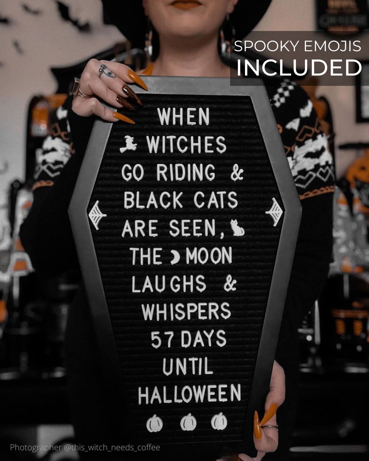 Coffin Letter Board Black With Spooky Emojis +500 Characters, and Wooden Stand - 17x10.5 Inches - Gothic Halloween Decor Spooky Gifts Decorations