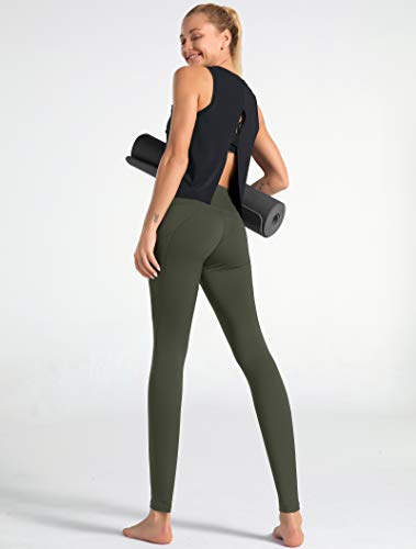 Dragon Fit High Waist Yoga Leggings with 3 Pockets,Tummy Control Workout Running 4 Way Stretch Yoga Pants (Medium, Olive Green)