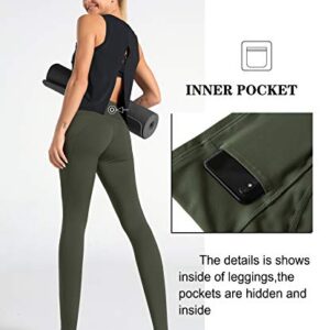 Dragon Fit High Waist Yoga Leggings with 3 Pockets,Tummy Control Workout Running 4 Way Stretch Yoga Pants (Medium, Olive Green)