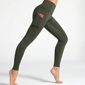 Dragon Fit High Waist Yoga Leggings with 3 Pockets,Tummy Control Workout Running 4 Way Stretch Yoga Pants (Medium, Olive Green)