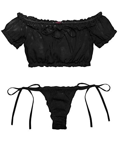 Avidlove Womens Sexy Ruffle Lingerie Set Off Shoulder Baby Doll Teddy Outfit Bra an Pantie Nightie Black S