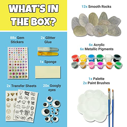 JOYEZA Deluxe Rock Painting Kit, Arts and Crafts for Girls Boys Age 6+, 12 Rocks, Best Tween Gift Art Set, Waterproof Paints, Craft Kits Art Supplies, Kids Activities Age 4 5 6 7 8 9 10