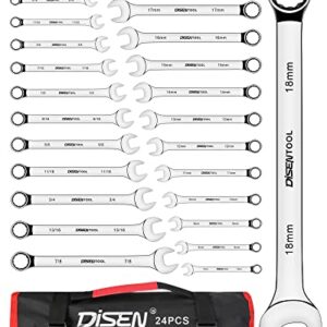 DISEN 24pcs Combination Wrench Set, Metric/SAE, IN/MM Wrench Set with Tool Roll,12 Point Combination Wrench, 7-18mm and 1/4-7/8" Box End and Open End Wrench Set, Drop Forged Steel