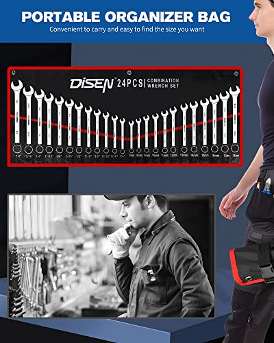 DISEN 24pcs Combination Wrench Set, Metric/SAE, IN/MM Wrench Set with Tool Roll,12 Point Combination Wrench, 7-18mm and 1/4-7/8" Box End and Open End Wrench Set, Drop Forged Steel