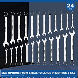 DISEN 24pcs Combination Wrench Set, Metric/SAE, IN/MM Wrench Set with Tool Roll,12 Point Combination Wrench, 7-18mm and 1/4-7/8" Box End and Open End Wrench Set, Drop Forged Steel