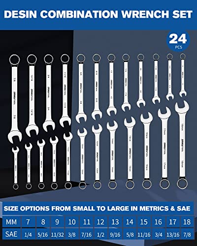 DISEN 24pcs Combination Wrench Set, Metric/SAE, IN/MM Wrench Set with Tool Roll,12 Point Combination Wrench, 7-18mm and 1/4-7/8" Box End and Open End Wrench Set, Drop Forged Steel