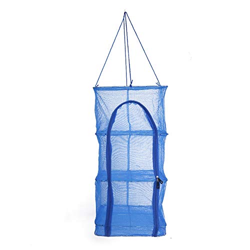 Keenso Drying Net Rack, Foldable 4 Layers Mesh Hanging Herb Drying Rack Basket Holder Camping Drying Net Zipper Opening Mesh Netting Blue Fishing net