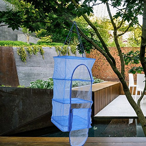 Keenso Drying Net Rack, Foldable 4 Layers Mesh Hanging Herb Drying Rack Basket Holder Camping Drying Net Zipper Opening Mesh Netting Blue Fishing net