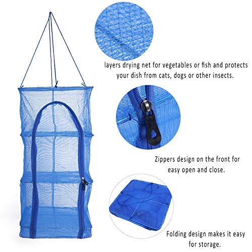 Keenso Drying Net Rack, Foldable 4 Layers Mesh Hanging Herb Drying Rack Basket Holder Camping Drying Net Zipper Opening Mesh Netting Blue Fishing net