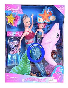 bettina mermaid princess doll pack, color changing mermaid tail, dress doll 12" and dress doll 3" and dolphin color reveal mermaid toys for little girls and play gift set aged 3+