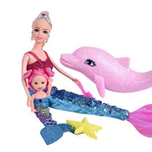 BETTINA Mermaid Princess Doll Pack, Color Changing Mermaid Tail, Dress Doll 12" and Dress Doll 3" and Dolphin Color Reveal Mermaid Toys for Little Girls and Play Gift Set Aged 3+