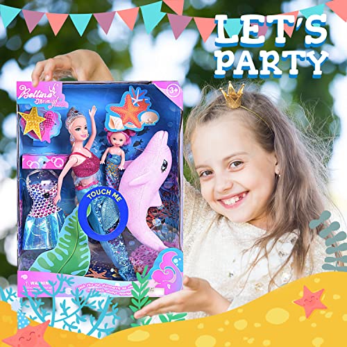 BETTINA Mermaid Princess Doll Pack, Color Changing Mermaid Tail, Dress Doll 12" and Dress Doll 3" and Dolphin Color Reveal Mermaid Toys for Little Girls and Play Gift Set Aged 3+