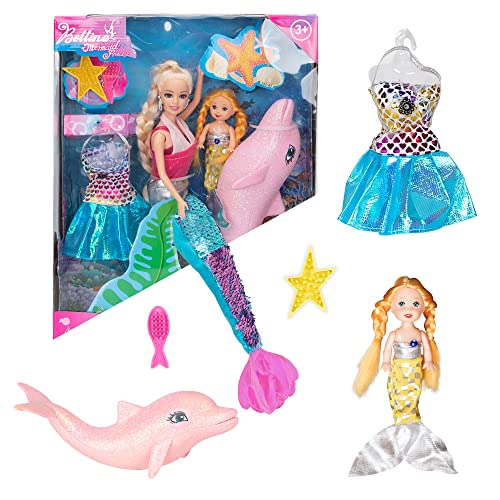 BETTINA Mermaid Princess Doll Pack, Color Changing Mermaid Tail, Dress Doll 12" and Dress Doll 3" and Dolphin Color Reveal Mermaid Toys for Little Girls and Play Gift Set Aged 3+