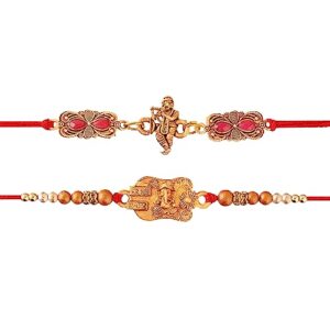 eximious india set of 2 rakhi for brother with card antique gold finsh ganesha and krishna pendant for raksha bandhan designer rakhi thread for bhaiya