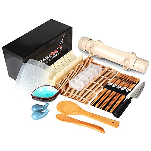 Delamu Sushi Making Kit, 20 in 1 Sushi Bazooka Roller Kit with Chef’s Knife, Bamboo Mats, Bazooka Roller, Rice Mold, Temaki Sushi Mats, Rice Paddle, Rice Spreader, Chopsticks, Sauce Dishes, Guide Book