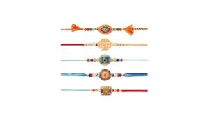 eximious india set of 5 rakhi for brother with card metal pendant for raksha bandhan designer rakhi thread for bhaiya (set of 5-2)