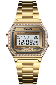 pasoy men's digital gold stainless steel watch backlit multifunction stopwatch waterproof sport watches (gold with crystal bezel)