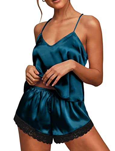 Ekouaer Women's Lace Satin Sleepwear Silk Cami Top and Shorts Pjs V Neck Lingerie Set Lingerie Set