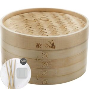 prime home direct bamboo steamer basket 10-inch | 2-tier steamer for cooking | 50 liners, chopsticks & sauce dish | dumpling steamer, food steamer baskets for cooking - rice & vegetable steamer pot