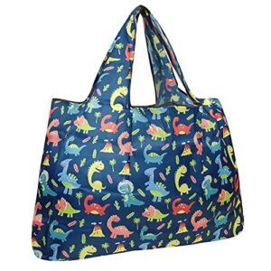 allydrew large foldable tote nylon reusable grocery bag, dinosaurs