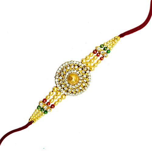 IndiaBigShop Pearl Bracelet Rakhi with Various stone in Round Design, Rakhi for Brothers, Rakhi Bracelet, Multi Design and Assorted Color for Bro Sister