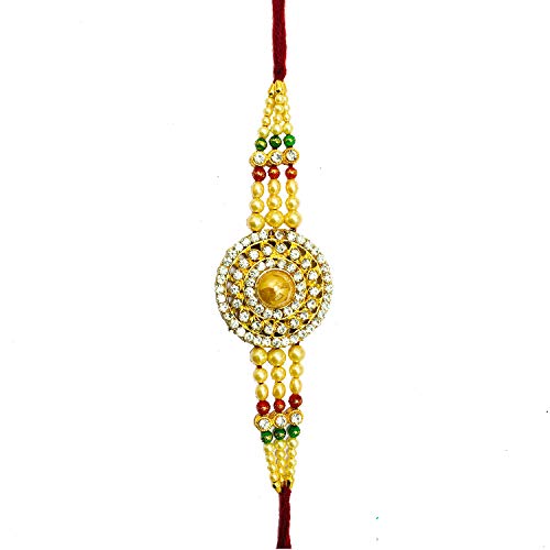 IndiaBigShop Pearl Bracelet Rakhi with Various stone in Round Design, Rakhi for Brothers, Rakhi Bracelet, Multi Design and Assorted Color for Bro Sister