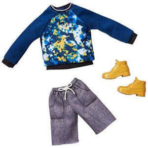 barbie fashions pack: ken doll clothes with blue graphic sweatshirt, gray shorts & boots, gift for kids 3 to 8 years old