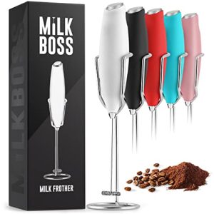 milk boss powerful milk frother handheld with upgraded holster stand - coffee frother electric handheld foam maker - milk frother for coffee, lattes, matcha & more - electric whisk frother (white)
