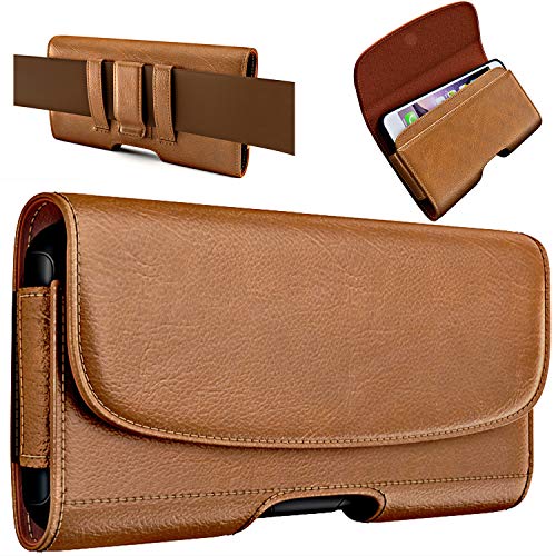 PiTau Holster for iPhone 15, 15 Pro, 14, 14 Pro, 13 Pro, 13, 12 Pro, 12, iPhone 11, XR, Cell Phone Case with Belt Clip [Magnetic Closure] ID Card Holder Pouch (Fits Otterbox Commuter Case on) Brown