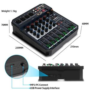 Depusheng T6 Audio Mixer 6-CHANNEL DJ Sound Controller Interface with USB Soundcard for PC Recording, XLR Microphone Jack PLUS HEADPHONE JACK, 5V USB Power CONNECT,FX 16Bit DSP Processor