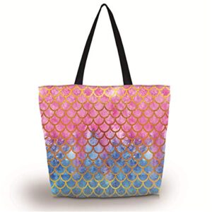 baocool gym bag shopping tote bags,women men boys girls travel beach grocery shoulder bag with zipper,reusable gym picnic work daily use (mermaid scale)
